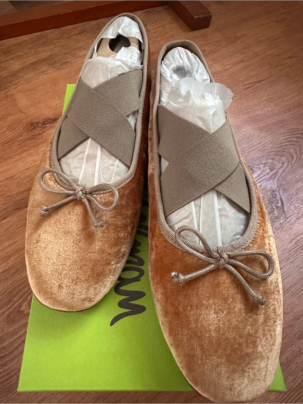 Sam Edelman Velvet Ballet Flats in Tan with Cross Elastic Straps